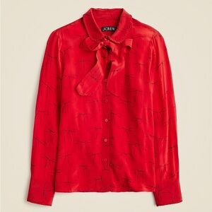J CREW Red Bow Print Button Up Shirt Removable Neck Tie Crepe de Chine Blouse